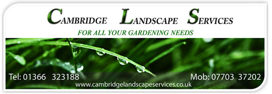 Cambridge Landscape Services Business Card contact us for year round garden maintenance for the home,rental and commercial premises. 01366 323188 or mobile 07731 977066